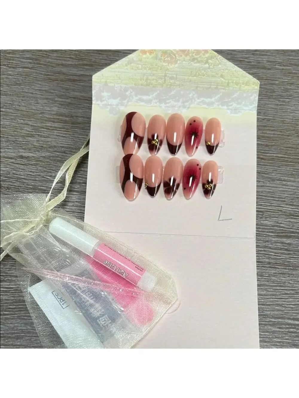 Stylish Nail Art Set with Pink and Brown Designs